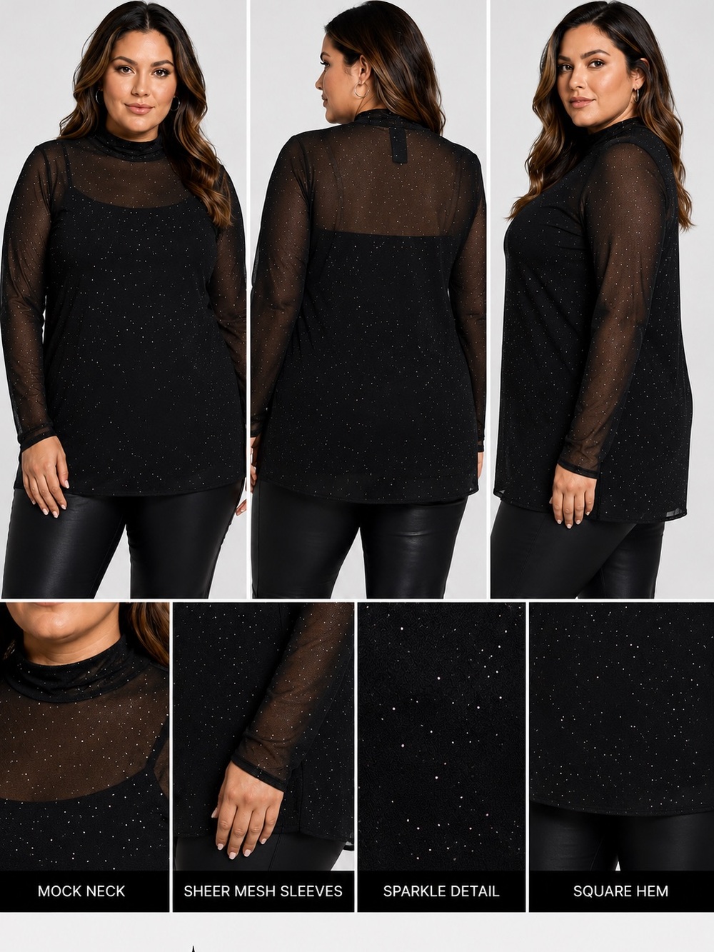 Sparkle Mock Neck Long Sleeve Top - Sheer Black